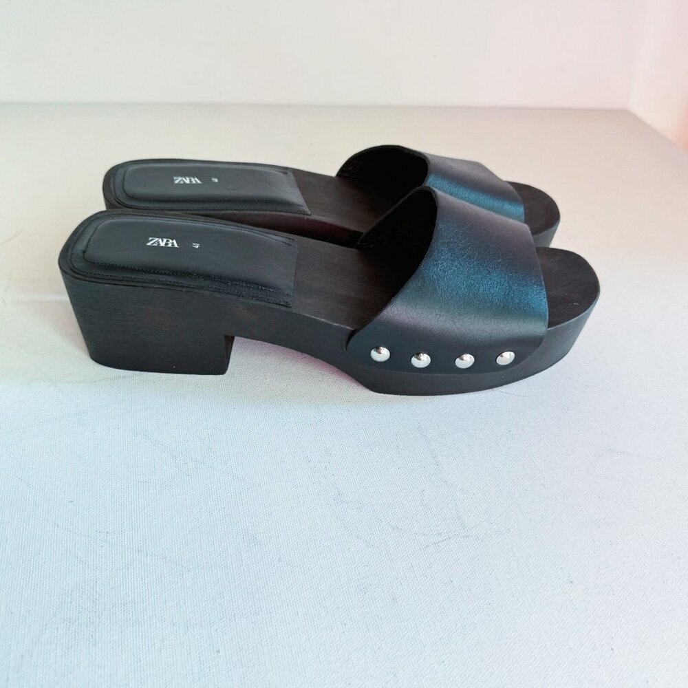 Zara Black Leather Classic Simple Wood Sole Clog 41